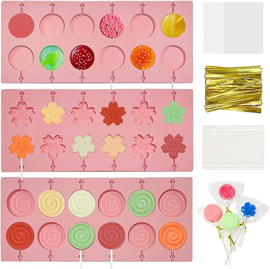 3Pcs Lollipop Mold Kit, 36 Capacity CHELIZIYA 3 Shapes Pink Silicone Candy Molds, Non-Stick Silicone Flower Chocolate Mold with 100Pcs Sticks, 100Pcs Bags, 100Pcs Ties for Party