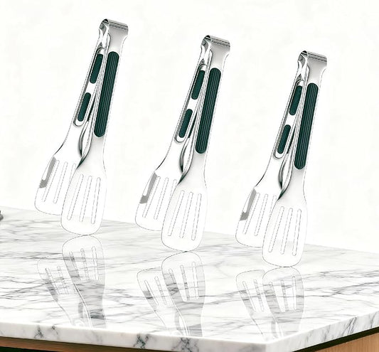 Stainless Steel Kitchen Tong Set - Anti-Slip Heat-Resistant Grip, Widened 3-Line Slotted Heads for Easy Clamping (Steaks, BBQ, Pasta, Salads), Easy Clean for Versatile Use Set of 3-6", Green
