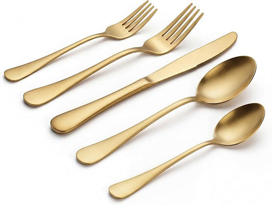 LIANYU Matte Gold Silverware Set for 8, 40 Piece Stainless Steel Flatware Utensils Set, Satin Finish Cutlery Set Include Spoons Forks and Knives, Modern Metal Tableware Set for Home, Dishwasher Safe