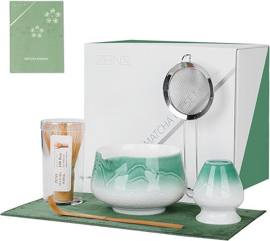 ZENS Matcha Whisk Set, 6Pcs Matcha Set Includes Ceramic Bowl, Bamboo Whisk and Chasen Holder,Scoop, 304 Stainless Sifter & Tea Mat, Matcha Kit for Tea Ceremony, Blue