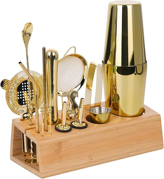 Cocktail Shaker Set Bartender Kit with Bamboo Stand, 15-Piece Stainless Steel Bar Set Accessories, Professional Bartending Kit Home Bar Tools Set with Recipes (Gold, Natural Wood Stand)