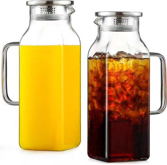 Netany 2 Pack 2.22 Liters/75 oz Square Glass Pitcher with Lid and Handle for Fridge, Iced Tea and Coffee Carafe Beverage Serveware, Heat Resistant Borosilicate Water Jug for Hot/Cold Drinks and Milk