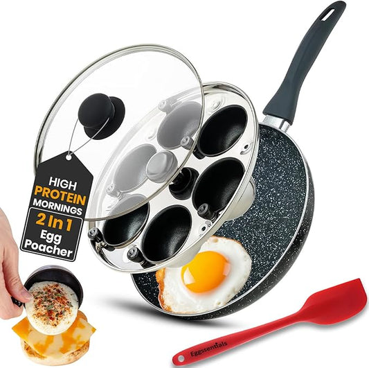 Eggssentials 2 IN 1 Egg Poacher Pan & Large Frying Pan - Poached Egg Maker, Granite Egg Poacher with 6 Cups - Egg Pan - 10 Inch Frying Pan Nonstick Omelette Pan