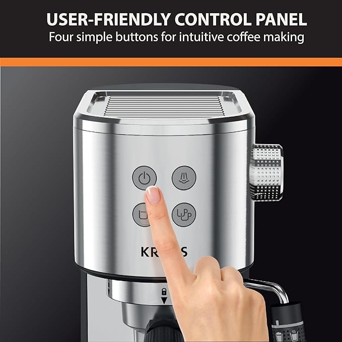 KRUPS Stainless Steel Espresso Machine: 15-Bar Pump Pressure, Milk Frother for Cappuccino and Latte, Fast Pre-Heat, 2-Cup Capacity, Cup Warmer, Easy Cleaning, 1350W, Silver