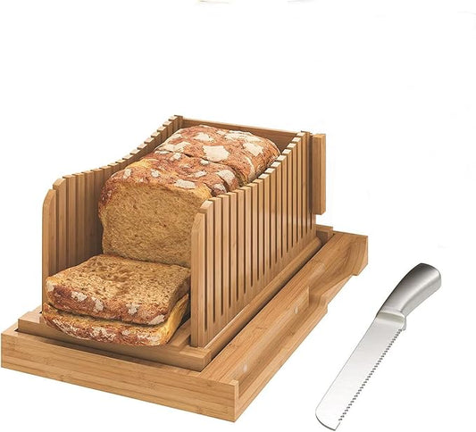 Bread Slicer for Homemade Bread,Cakes, Bagels- Bamboo Bread Slicer with Serrated Knife, Adjustable Guide for 3 Thickness Sizes, Foldable Chopping Board with Crumb Tray& Knife