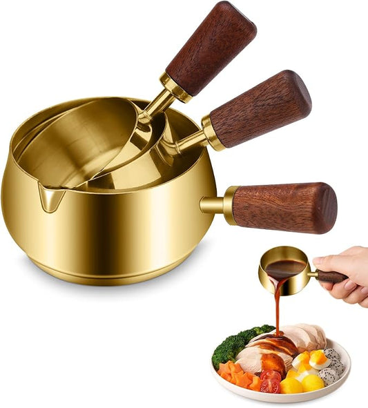 3 Pieces Stainless Steel Mini Sauce Pan with Wooden Handle & Spout, 1.7/3.4/5.1 Oz Gold Small Butter Warmer Saucepan, Reusable Sauce Pot Dipping Bowl (Gold)
