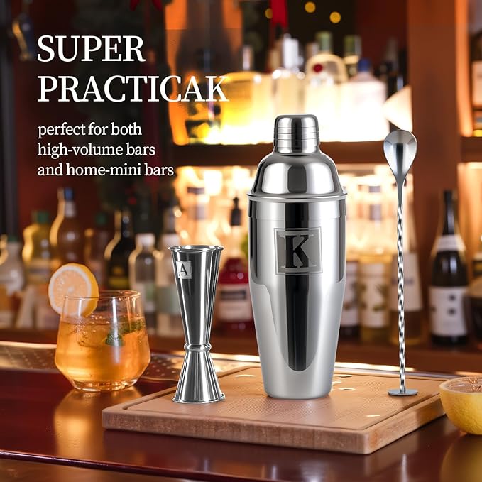 24oz Cocktail Shaker Set with 1 oz 2oz Jigger - Monogramm Initials Martini Shaker Set - 304 Stainless Steel Bar Shaker for Margarita,Mojito-Personalized Gift for Friend,Husband-G