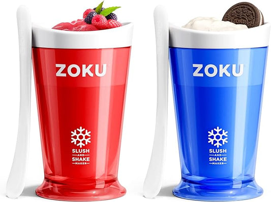 ZOKU Original Slush and Shake Maker, Slushy Cup 2 Pack for Quick Frozen Homemade Single-Serving Slushies, Fruit Smoothies, and Milkshakes in Minutes, BPA-free, Red/Blue Set of 2