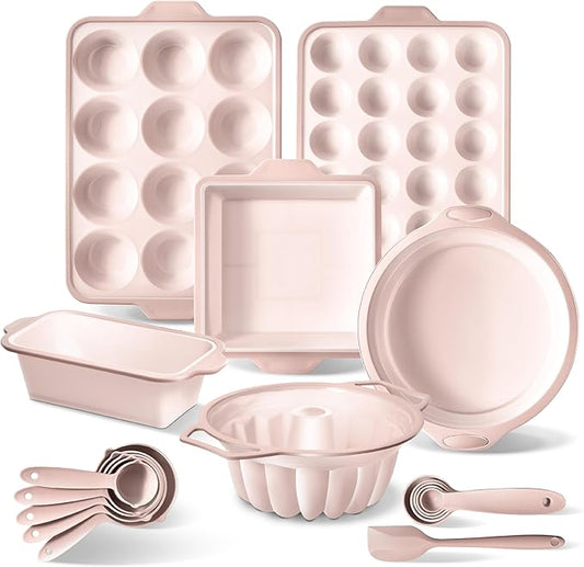 COOK WITH COLOR 17 Pc. Silicone Baking Pan Set - Non-Stick & Easy Clean Silicone Muffin Pans for Baking with Sturdy Metal Frame for Stability, Flexible Cake Molds, Includes Measuring Cups and Spoons