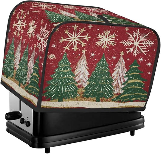 2 Slice Toaster Cover,Christmas Tree Snowflakes on Red Small Kitchen Appliance Bread Machine Cover with Pockets,Dust & Fingerprint Protection