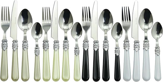 The Original Brink House Glam Mix & Match Stainless Steel Cutlery Set with Assorted Baroque Handles / 16 pieces with Metal Stand, Lifestyle utensils set for home, first apartment, dorm, dinner parties
