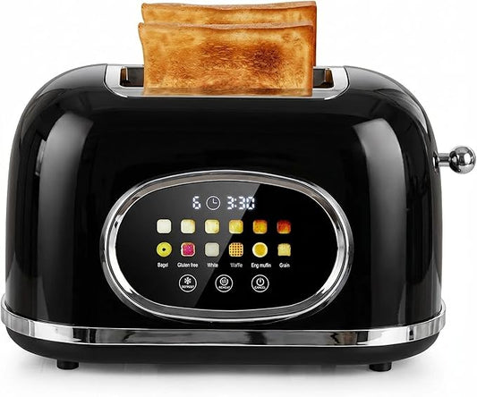 Roter Mond 2 Slice Toaster Smart Touch Screen, Retro Stainless Steel Bread Toaster with Digital Timer, Sleep Mode, Bagel, Cancel, and Defrost Functions, 6 Bread Types and Shade Settings, Black