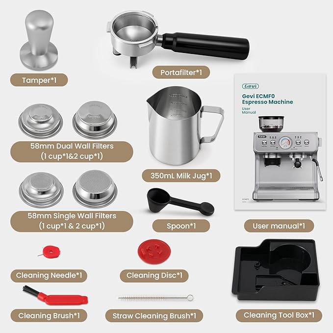 Gevi Dual Boiler Espresso Machine with Built-in Grinder, 58mm Commercial Portafilter, Barista Steam Wand, 31 Grind Settings, Stainless Steel, for Home Barista Use, Sterling Silver