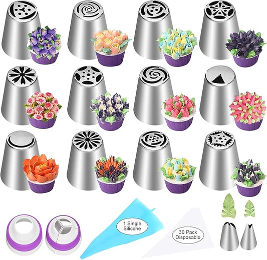 47 Pcs Russian Piping Tips Set, 12 Flower Frosting Nozzles Icing Tips for Cake Decorating Tips Kit, Baking Supplies for Cookie Cupcake, 2 Leaf Piping Tips 2 Couplers 30 Pastry Baking Bags YLYL