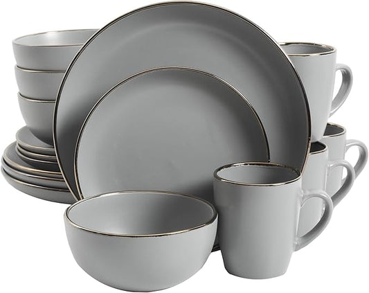 Gibson Home Rockaway 16-Piece Round Stoneware Dinnerware Set, Service for 4 – Grey with Gold Rim Plates and Bowls, Microwave & Dishwasher Safe