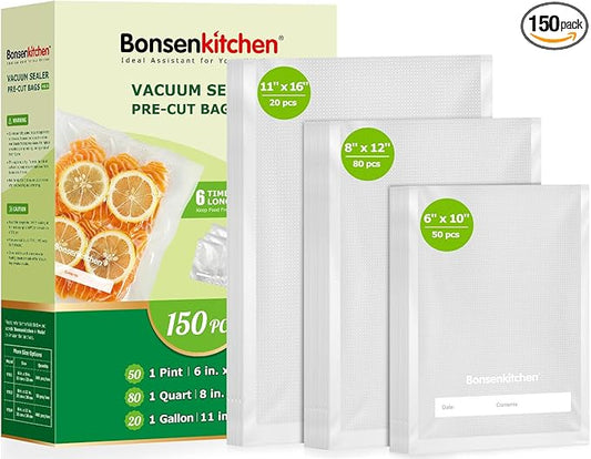 Bonsenkitchen Vacuum Sealer Bags, 20 Gallon 11" x 16"+ 80 Quart 8" x 12"+ 50 Pint 6" x 10", Commercial Grade, BPA Free, Food Sealer Bags for Vac Storage, Meal Prep or Sous Vide Cooking, VB15