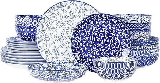 Selamica Ceramic Dinnerware Sets for 6, 24 Piece Plates and Bowls Sets, Scratch Resistant Dishes Set-Dishwasher & Microwave & Oven Safe, Vintage Blue