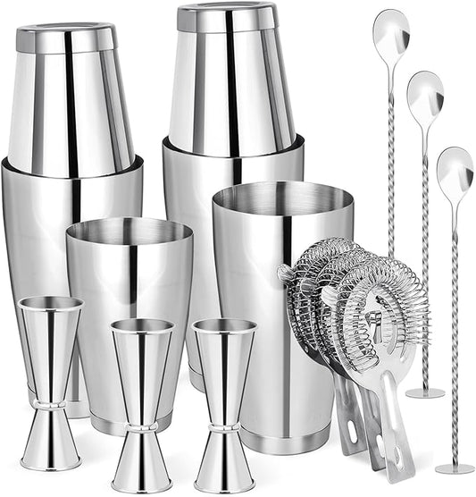 Mwellewm Cocktail Shaker Boston Shaker Set 15 Pcs Professional Bartender Kit Bar Shaker Stainless Steel Drink Shaker Bartending Martini Shaker Tin Mixed Alcohol Shaker Tool for Beginner(Silver)