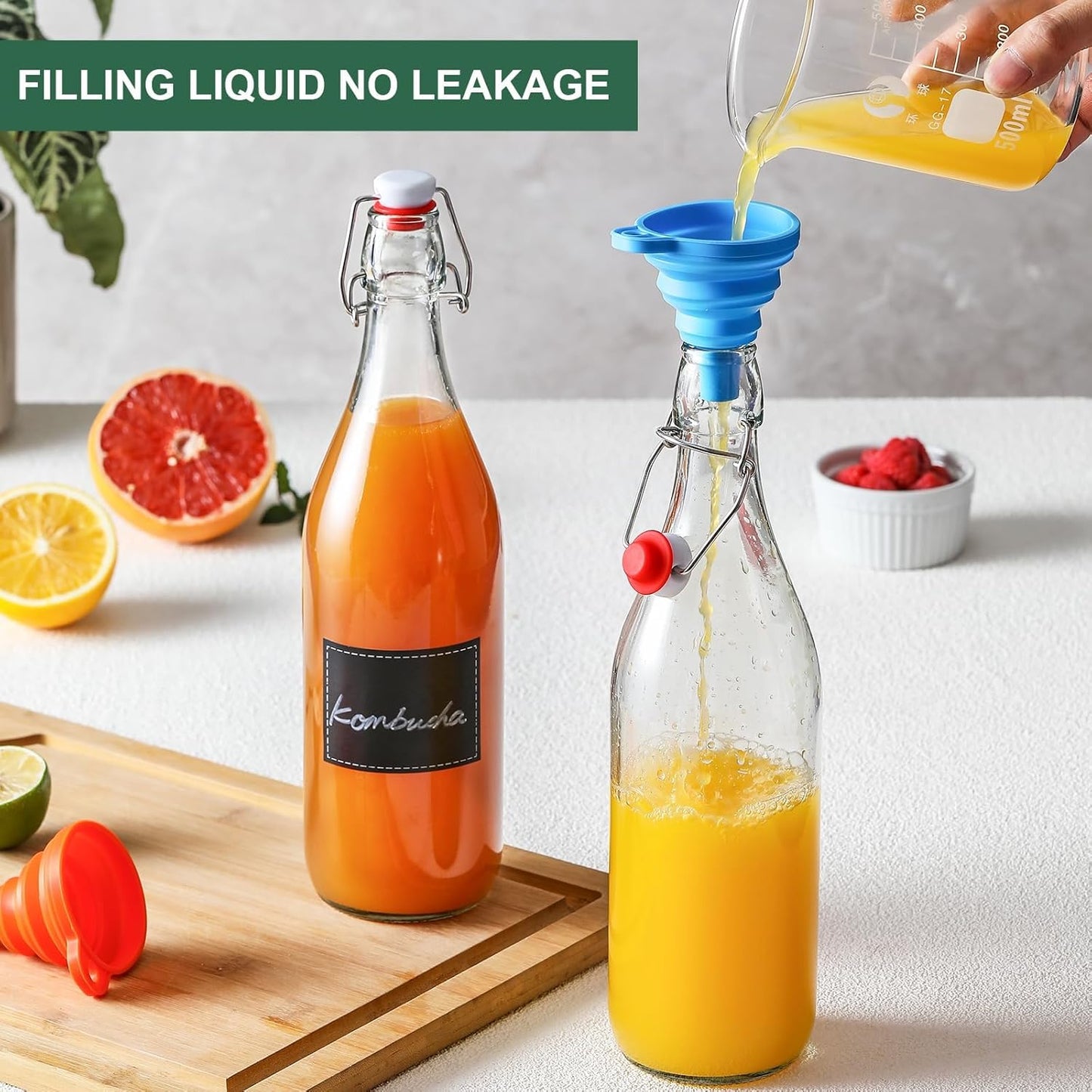 4 Pack [1 Liter / 33 fl. oz.] Swing Top Glass Bottles w/Airtight Stopper Lids – Flip Top Brewing Bottle for Fermentation, Kombucha, Mead, Vinegar, Beer, Kefir, Wine – With 4 Extra Seals & 2 Pourers