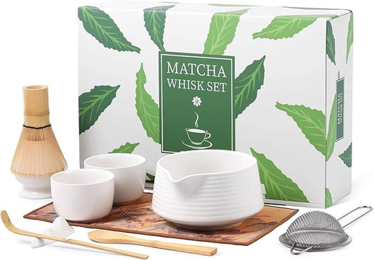 HELPLX Matcha Whisk Set 10-Piece Japanese Matcha Kit with BowlWhisk & Holder2 Tea CupsBamboo ScoopSpoonSifterScoop Rest & Tea Towel – White Matcha Tea Set for Ceremony or Daily Use