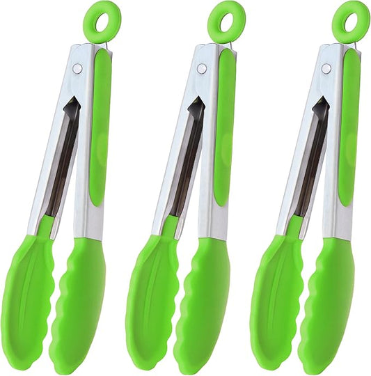 Mini Tongs with Silicone Tips 7 Inches Silicone Cooking Tongs, Set of 3 (Green)