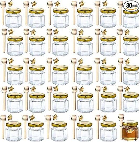 XING-RUIYANG 1.5 oz Hexagon Mini Glass Honey Jars -30Pack Honey Jars with Wood Dipper, Gold Lid, Bee Pendants, Jutes - Perfect for Baby Shower, Wedding Favors, Party Favors