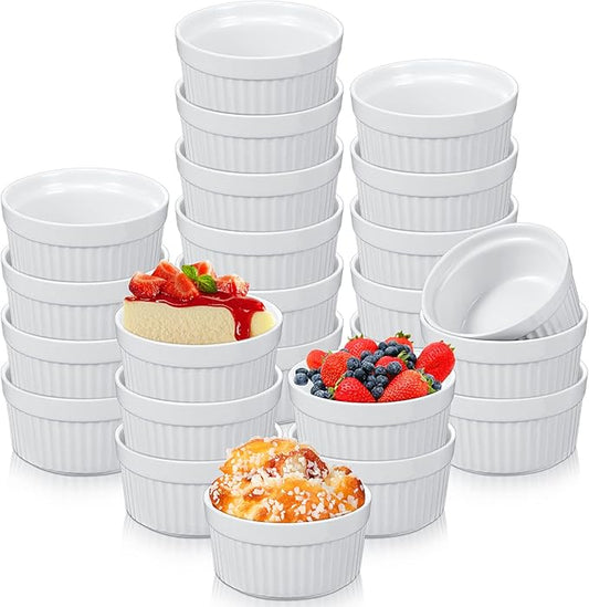 Xinnun 24 Pcs 4 oz Ramekins Creme Brulee Dishes Oven Safe Classic Porcelain Ramekins Set for Baking, Creme Brulee, Souffle, Appetizer, Custard, Pudding, Dipping Bowl, White