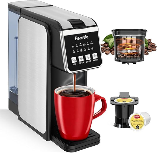 Horavie Single Serve Coffee Maker with Built-in Grinder, Fast Brew 6-16oz Single Cup for Whole Beans, Grounds, K Pod, Grind and Brew Coffee Maker with 47oz Water Tank, Descaling Alert, Black