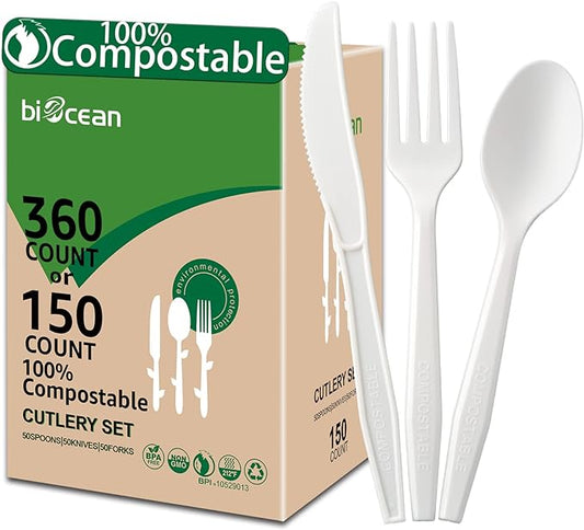 100%Compostable No Plastic Knives Forks Plastic Spoons Disposable Utensils, The Heavyweight Heavy Duty Flatware is Eco Friendly Products for Lounge Party Wedding BBQ Picnic Camping [360 Count]