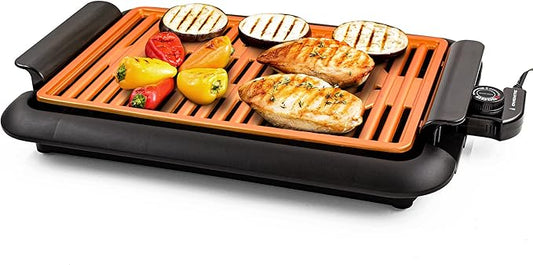 OVENTE Electric Indoor Grill with 15x10 Inch Non-Stick Cooking Surface, 1200W Fast Heat Up Power, Adjustable Temperature, Removable and Dishwasher Safe Grilling Plate and Drip Tray, Copper GD1510NLCO