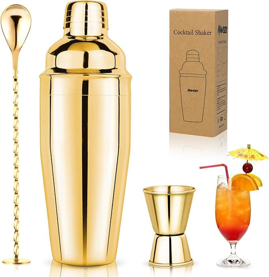 24oz Cocktail Shaker Set Martini Shaker Set Bartender Set with Margarita Mixer Drink Shaker, Measuring Jigger and Mixing Spoon - Professional 18/8 Stainless Steel Bar Tools for Mixed Drinks (Gold)