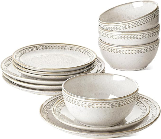 LE TAUCI Plates and Bowls Sets for 4, 12 Piece Ceramic Dinnerware Sets, Kitchen Stoneware Dish Set, Chip Resistant, Microwave & Dishwasher Safe, Reactive Glaze Beige (8"&10" Plate, 27oz Bowl)