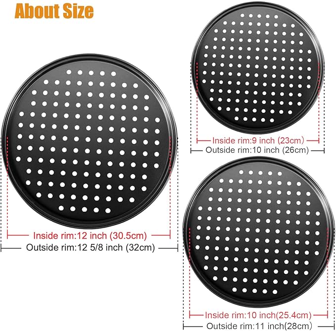 Handook Pizza Pan Set, Carbon Steel Pizza Pan with Holes, for Oven Baking Supplies & Home, Kitchen, Restaurant（9 Inch &10 Inch &12 Inch）