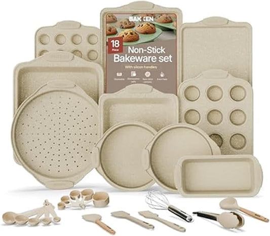 BAKKENMASTER 18-Piece Deluxe Nonstick Carbon Steel Bakeware Set - Professional Kitchen Oven Baking Pans with White Silicone Handles and Accessories