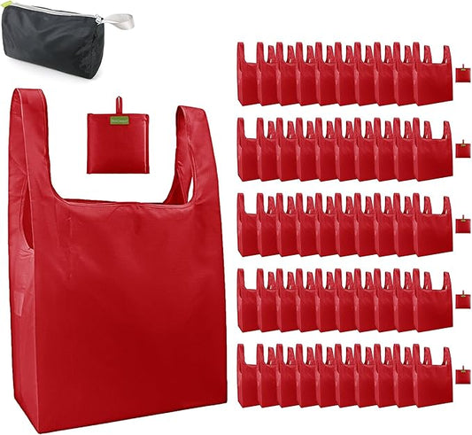 BeeGreen Christmas Red Reusable Grocery Bags Wholesale Red Reusable Kitchen Bags Bulk Foldable-Machine Washable with Zipper Storage Pouch 50 Packs
