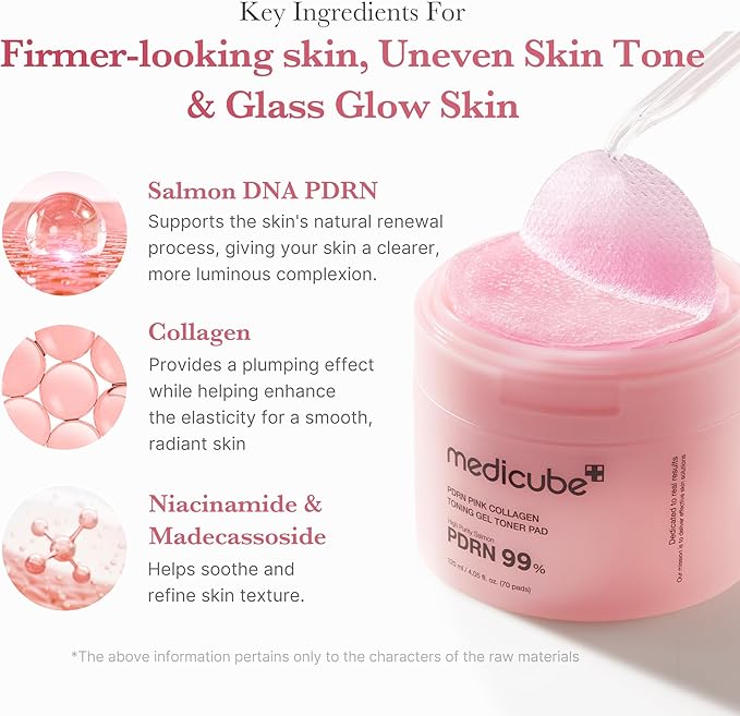 medicube Salmon DNA PDRN Pink Collagen Jelly Pad | Korean Gel Toner Pads with Niacinamide, Madecassoside, Retinol | Soothing, Radiance & Uneven Skin Tone | Korean Skin Care | 70Pads