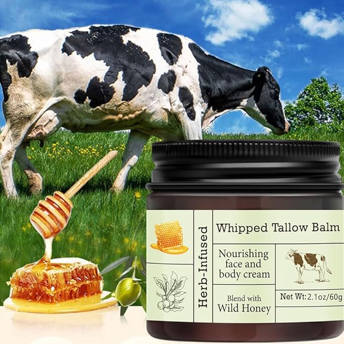 URQT Beef Tallow for Skin - Organic Grass-Fed Whipped Beef Tallow and Honey Balm - Deeply Moisturizing for Face & Body - Natural Skin Care for Soft, Supple Skin