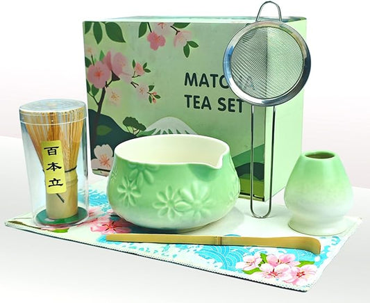 Matcha Whisk Set - Traditional Bamboo Chasen and Pale Green Ceramic Matcha Bowl with Spout, 6Pcs Complete Matcha Making Kit