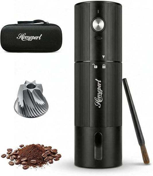 High-Speed Portable Electric Coffee Grinder with 1600mAh Rechargeable Battery, 7-Core Stainless Steel Burr Coffee Mill, 45 Precision Settings, Cordless Design & Compact Aluminum Body for Travel