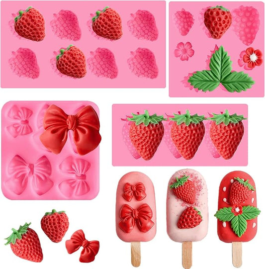 JOERSH 4PCS Strawberry Fondant Molds, Bow Fondant Silicone Molds, Fruit Baking Mold for Cake Decorating, Cupcake Topper, Chocolate, Candy, Candle, Clay