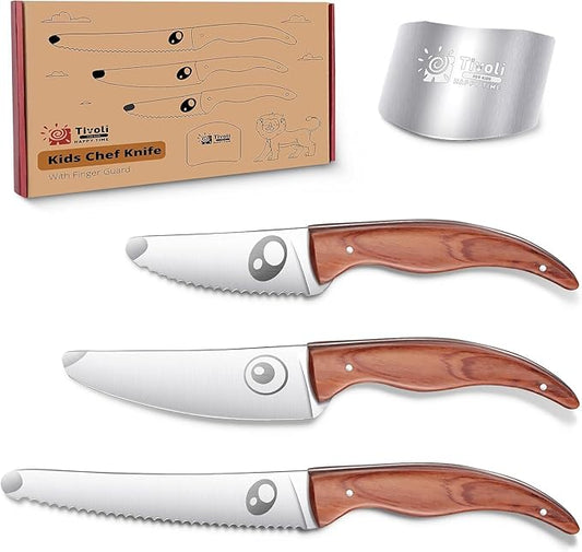 TIVOLI Kids Chef Knife Set with Finger Guard, 3-Piece Safety Stainless Steel Children's Cooking Knives for Cutting Fruits, Vegetables, Bread, Fun & Safe Kitchen Tool for Young Chefs