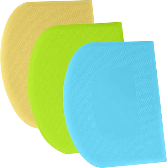 SURDOCA Dough Scraper Bench Scraper - 3P 9.5x6.1" Plastic Flexible Bowl Scraper, Sharp Edge & Angles Cake Scraper. Non-Slip Bakeware Decorating Tools Sculpting & Modeling Tools - Blue+Yellow+Green
