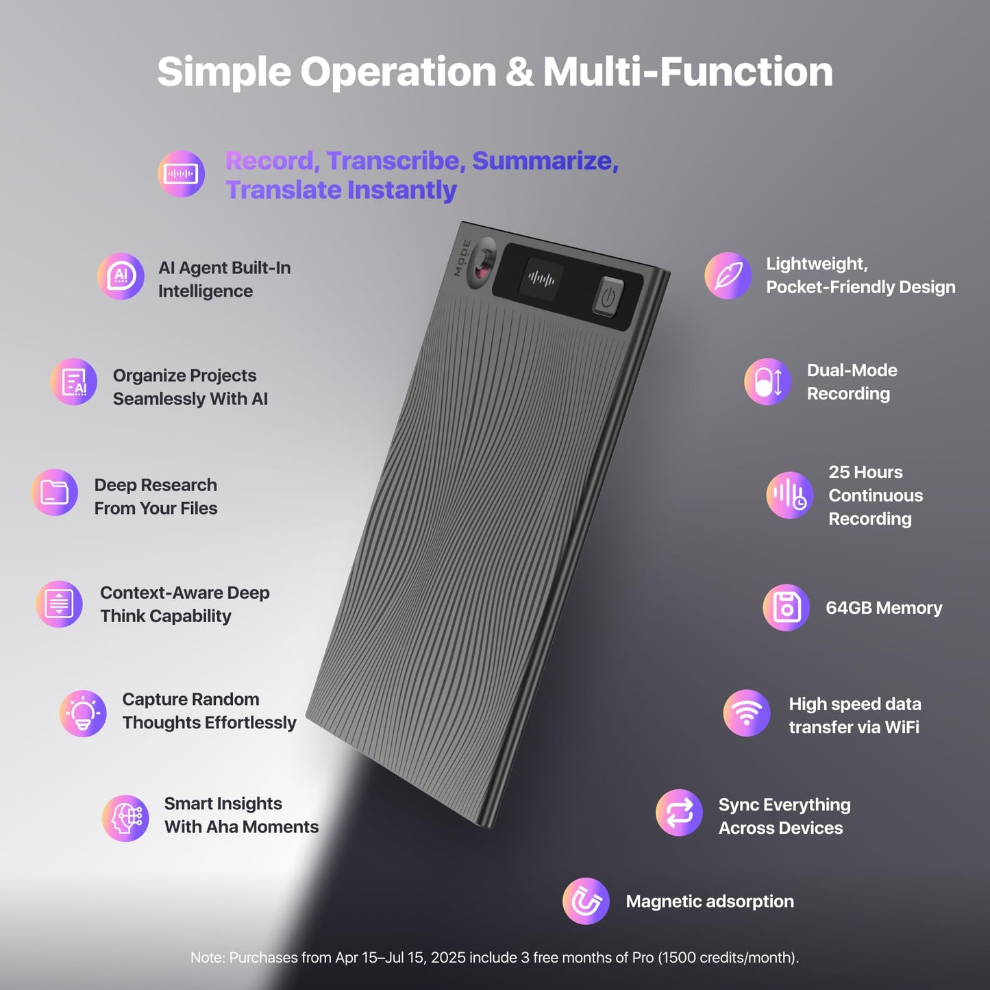 Mobvoi TicNote AI Voice Recorder 64GB Memory Note Recorder w/Case App Control 100+Languages Transcribe Summarize with AI Shadow Digital Audio Recorder for Phone Calls Lectures Meetings Interviews