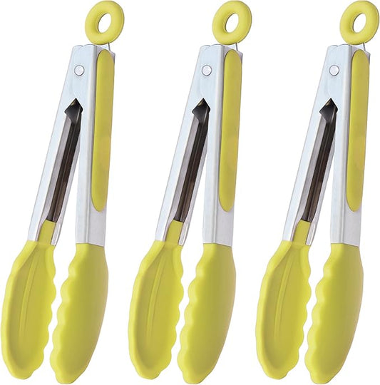 Small Appetizer Tongs 7-Inch Silicone Tipped Kitchen Tongs, Set of 3 (Yellow)