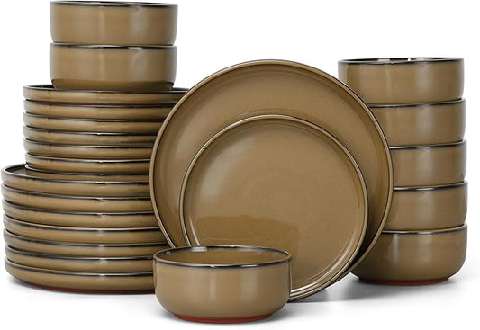 E-far Stoneware Dinnerware Sets for 8, 24 Pieces Reactive Glaze Plates and Bowls Sets, Elegant Dishes with Rustic Terracotta Clay Base, Dishwasher & Microwave Safe, Scratch Resistant, Desert Camel