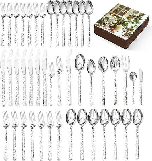 KINGSTONE 45 Piece Hammered Silverware Set with Serving Utensils, 18/10 Stainless Steel Flatware Set for 8, Cutlery Set for Home, Party, Wedding, Mirror Polished Dishwasher Safe