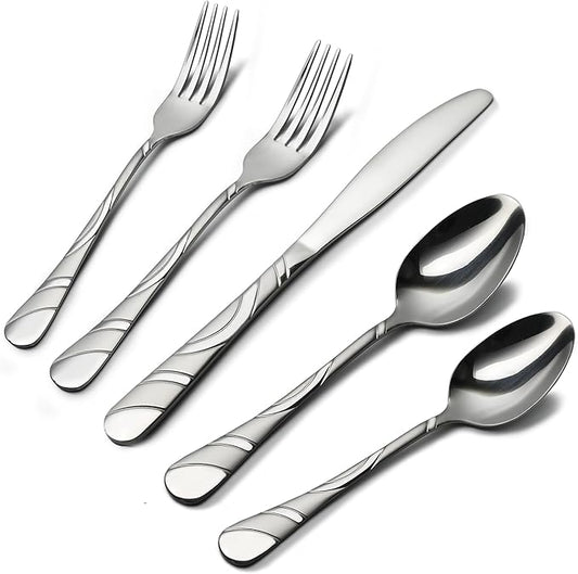 60-Piece Silverware Set for 8, 18/0 Frosted & Mirror Finish Stainless Steel Vintage Flatware Set, Modern Cutlery Set for Home Wedding Restaurant Housewarming Party Event Serving For 12