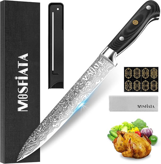 MOSFiATA 8 inch Carving Knife，Stainless Steel Brisket Slicing Knife for Meat Cutting, Razor Sharp Butcher Knife with Granton Edge for Roasts, BBQ, Turkey