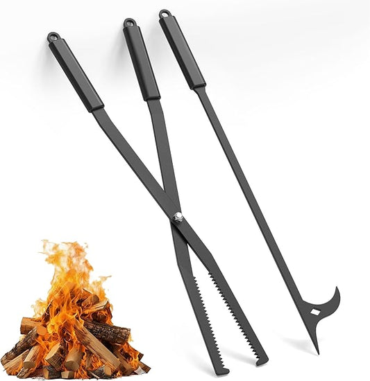 Tredre Fire Tongs and Fire Poker Set, Manganese Steel Fire Pit Tools for Outside, Heavy Duty Fireplace Tongs Log Grabber for Campfire, Wood Stove, Rust-Resistant Firewood Tong Set