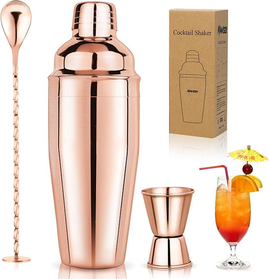 24oz Cocktail Shaker Set Martini Shaker Set Bartender Set with Margarita Mixer Drink Shaker, Measuring Jigger and Mixing Spoon - Professional 18/8 Stainless Steel Bar Tools (Rose Gold)